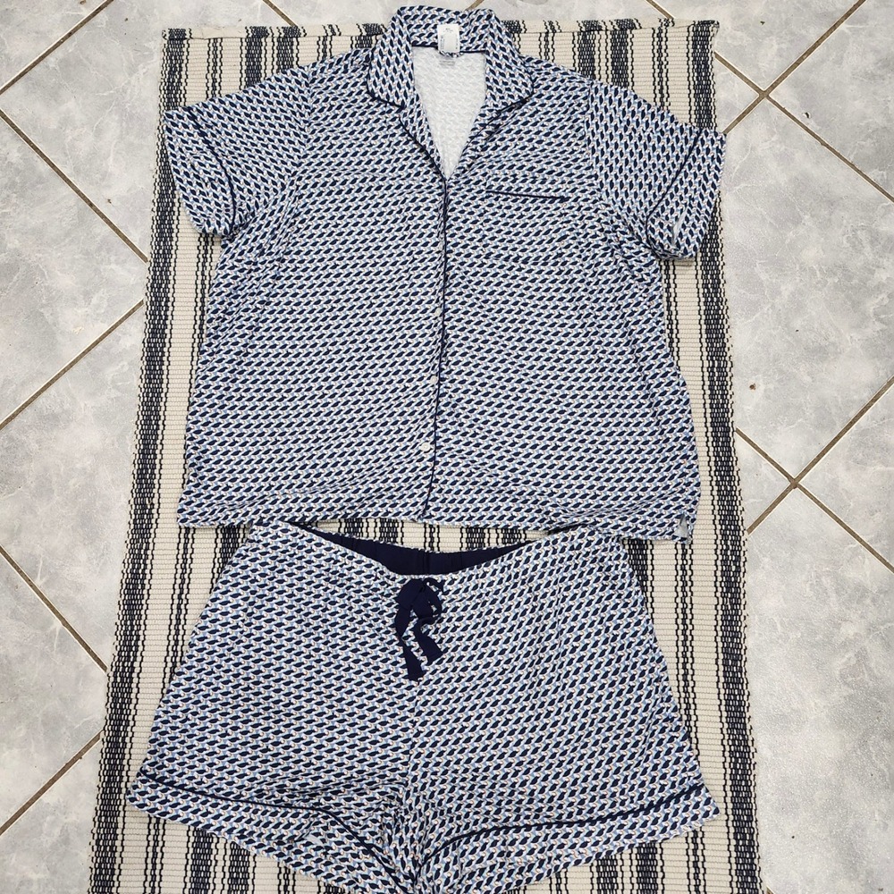 Lands End Womens 2X Pajama Set Blue Puffin Print cotton Short Sleeve Shorts